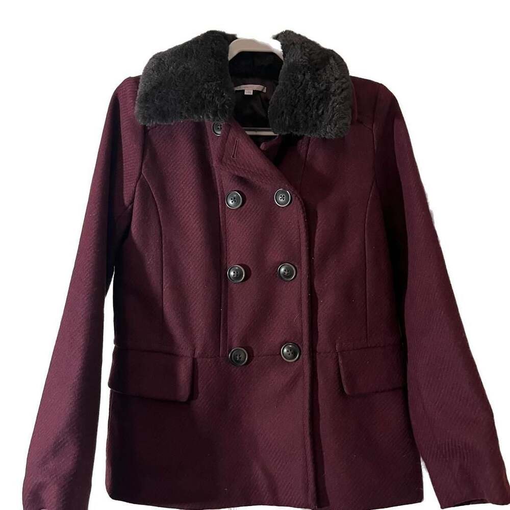 Gap Jacket Womens Size S Double Breasted Wool Blend Faux Fur Trim Neck Maroon